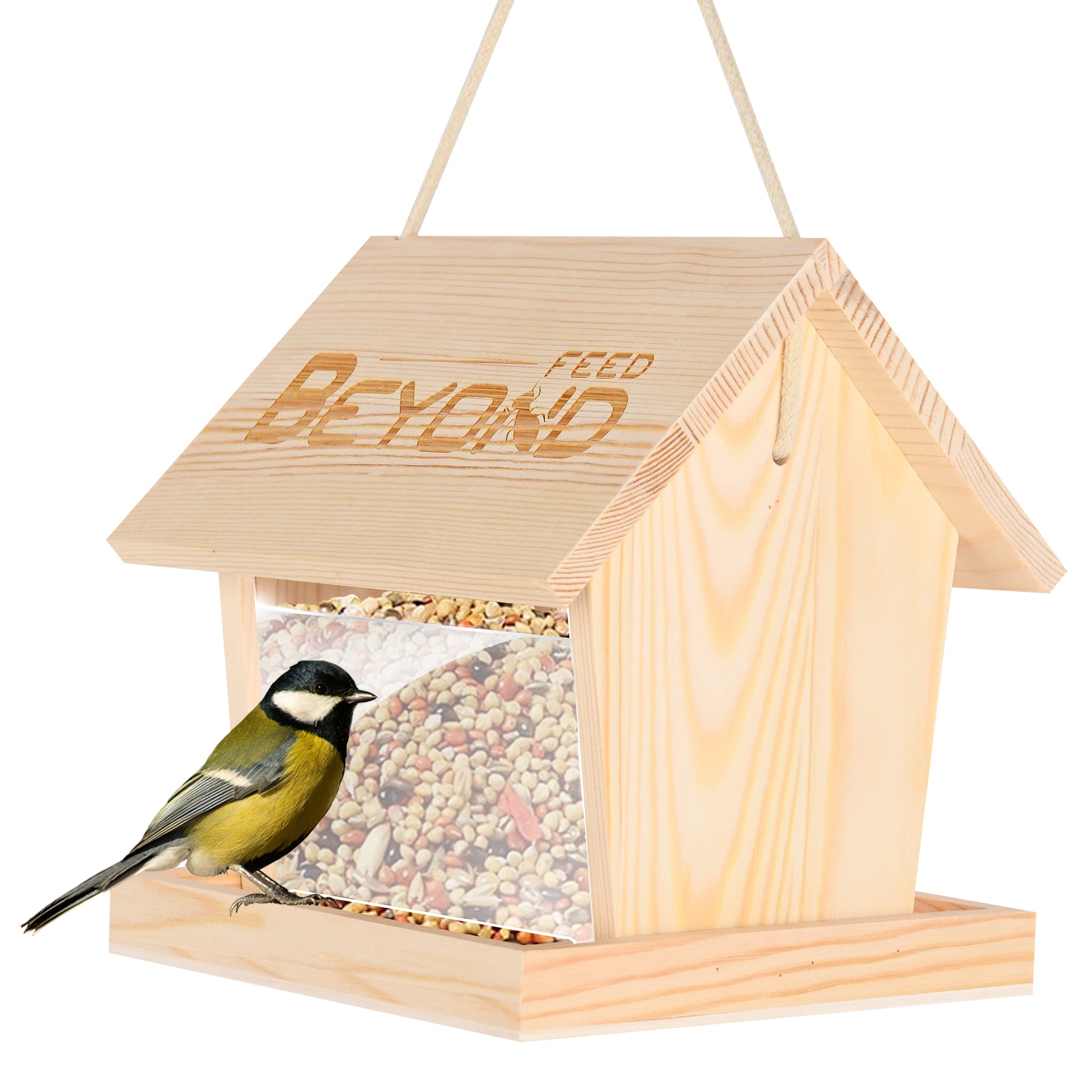 BeyondFeed™ Handcrafted Pine Wood Outdoor Bird Feeder with 12.2" Hanger – Weatherproof, Eco-Friendly Feeder for Dried Worms & Bird Watching