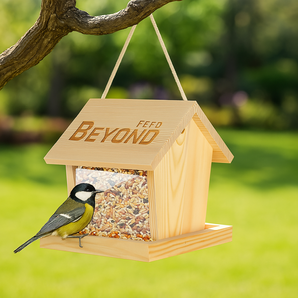 BeyondFeed™ Handcrafted Pine Wood Outdoor Bird Feeder with 12.2" Hanger – Weatherproof, Eco-Friendly Feeder for Dried Worms & Bird Watching