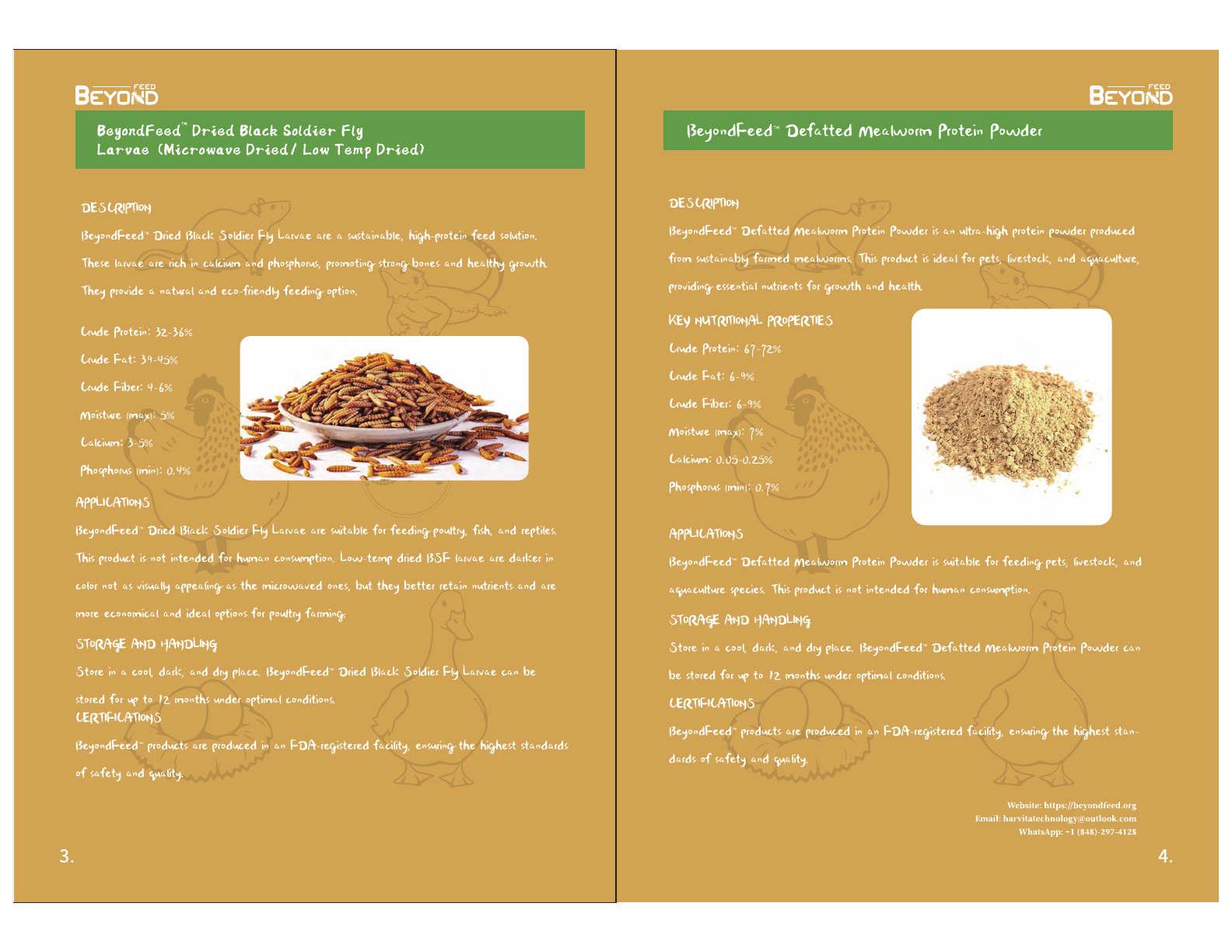 BeyondFeed product brochure page 3: Feeding formats for chickens, poultry, reptiles, exotic pets, birds, livestock, and aquaculture.