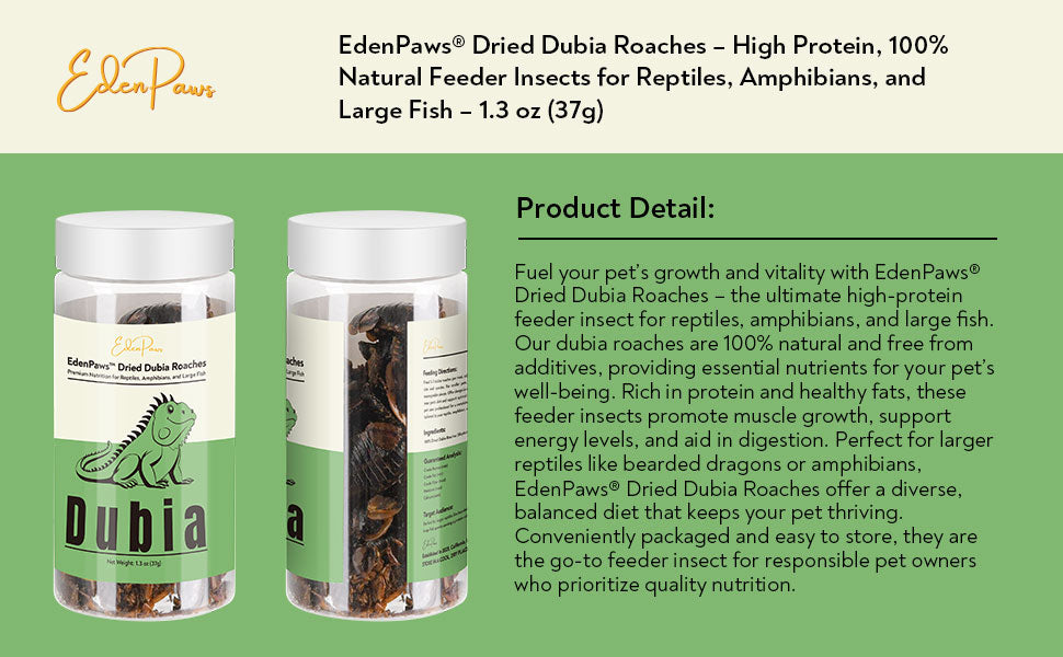 EDENPAWS® Dried Dubia Roaches – High Protein, 100% Natural Feeder Insects for Reptiles, Amphibians, and Large Fish – 1.3 oz (37g)