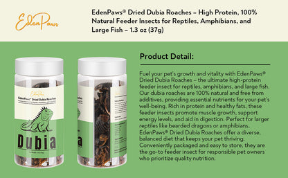 EDENPAWS® Dried Dubia Roaches – High Protein, 100% Natural Feeder Insects for Reptiles, Amphibians, and Large Fish – 1.3 oz (37g)