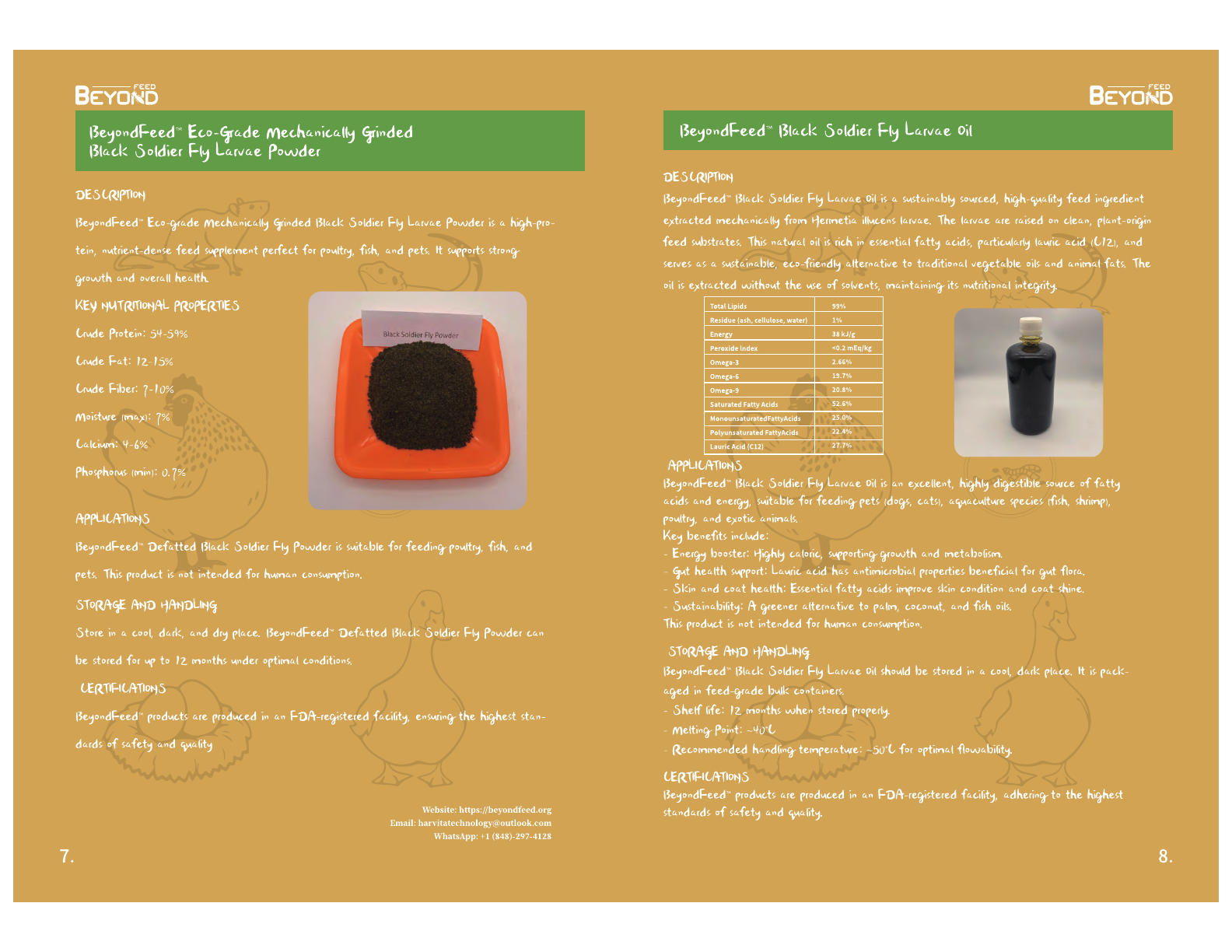 BeyondFeed product brochure page 5: BeyondFeed product comparison, usage context, and brochure contact information.